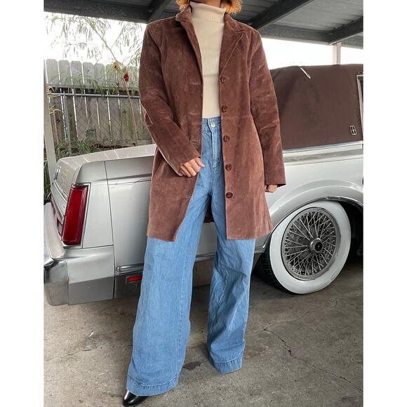 🔥Vintage Y2K Metrostyle Soft Leather Suede Classic Preppy Duster Jacket Sz 10P - Picture 1 of 16